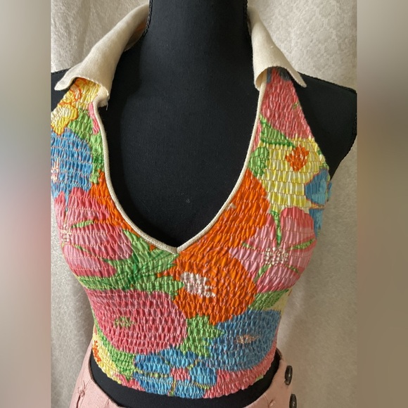 ZARA Women's Multicolor Floral Print Collared Open-Back V-Neck Crop Top SZ S - Picture 7 of 10